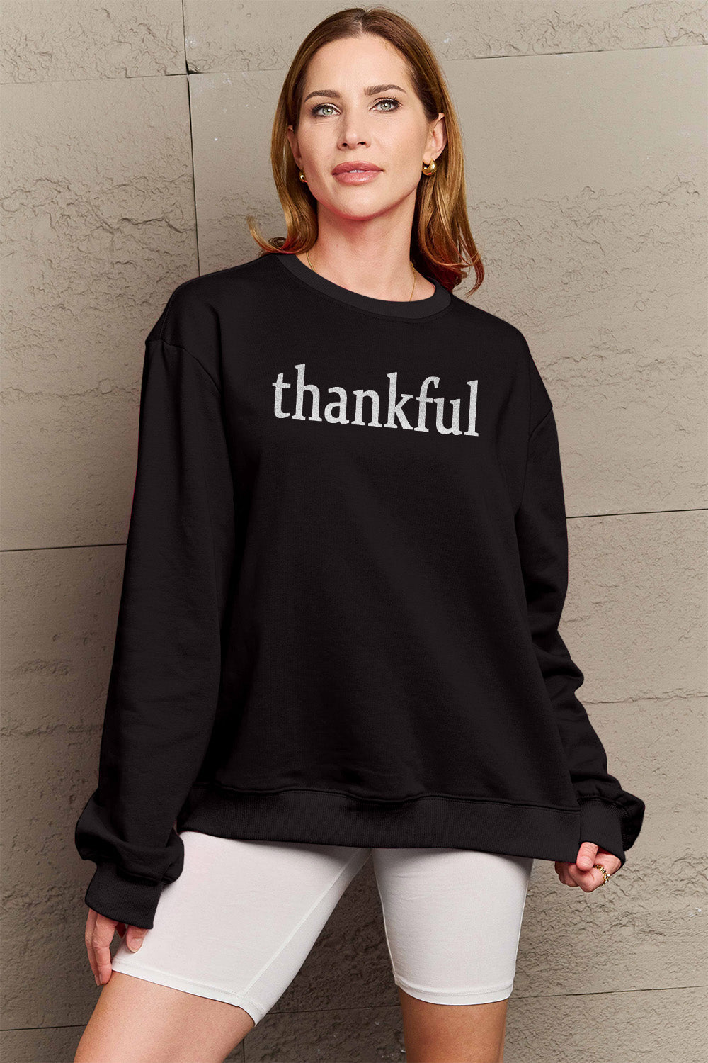 Simply Love Full Size THANKFUL Graphic Sweatshirt Sweater by Trendsi | Fleurcouture