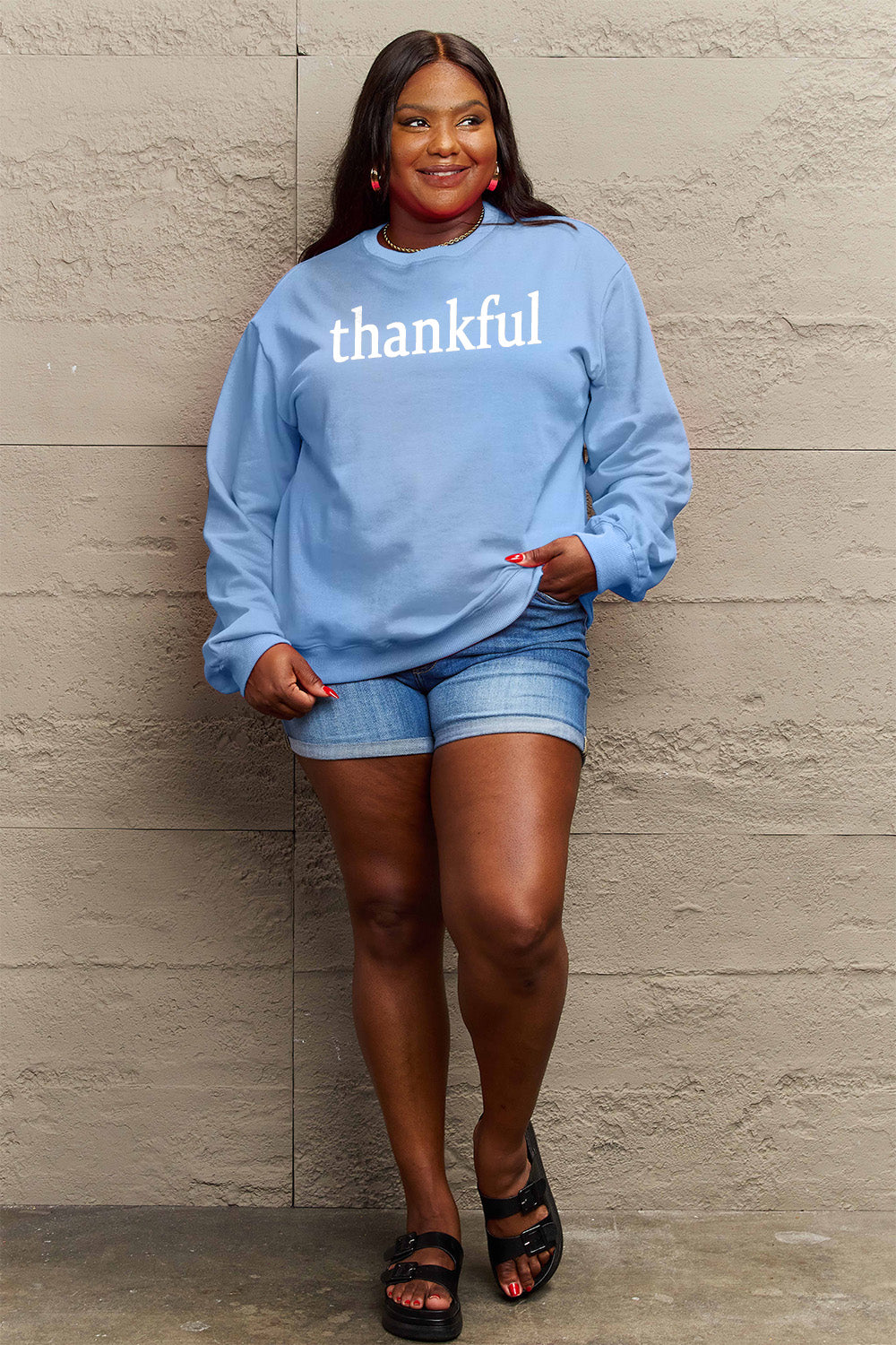 Simply Love Full Size THANKFUL Graphic Sweatshirt Sweater by Trendsi | Fleurcouture