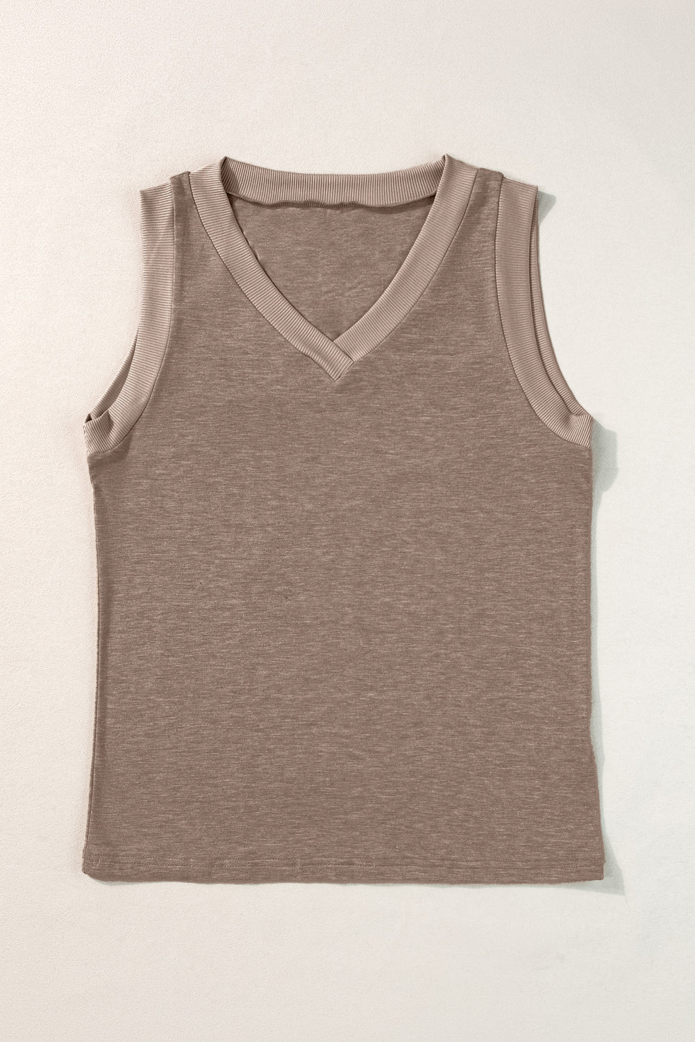 Simply Taupe Ribbed V Neck Tank Simply Taupe 65%Polyester+30%Viscose+5%Elastane Tops/Tank Tops by Fleurcouture | Fleurcouture