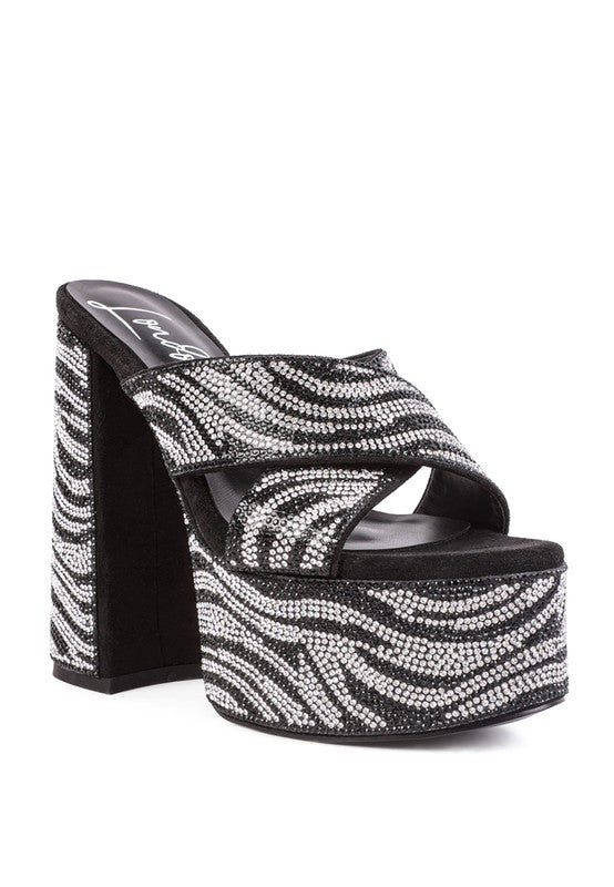 SINFUL HIGH PLATFORM PATTERNED DIAMANTE SLIDES Black 5 by Rag Company | Fleurcouture