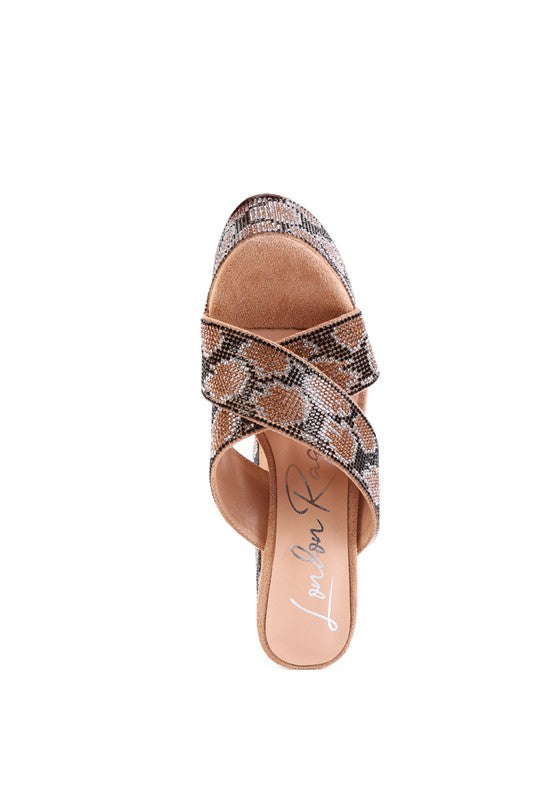 SINFUL HIGH PLATFORM PATTERNED DIAMANTE SLIDES by Rag Company | Fleurcouture