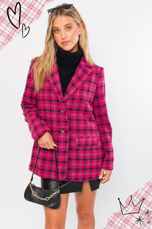 Single Button Blazer Coat FUCHSIA PLAID by LE LIS | Fleurcouture