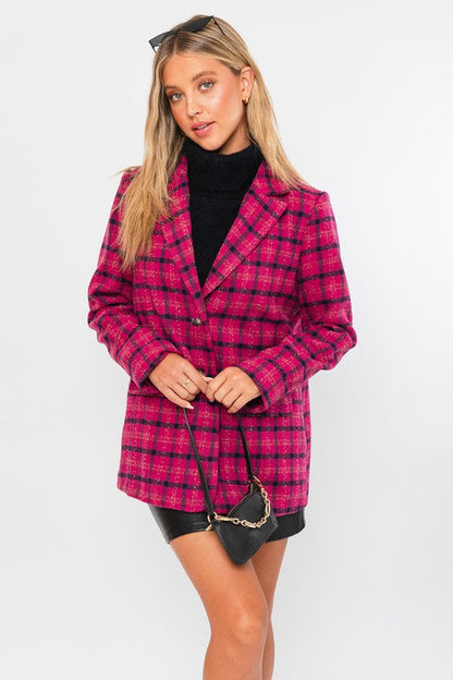 Single Button Blazer Coat FUCHSIA PLAID by LE LIS | Fleurcouture