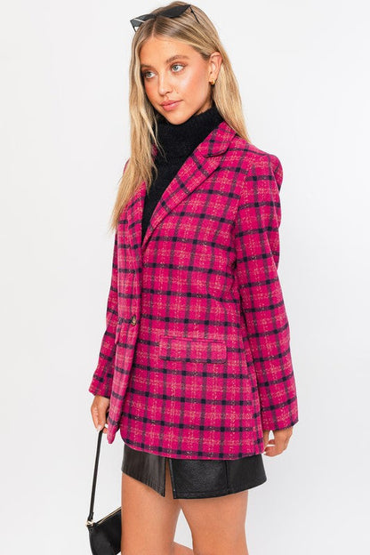 Single Button Blazer Coat FUCHSIA PLAID by LE LIS | Fleurcouture