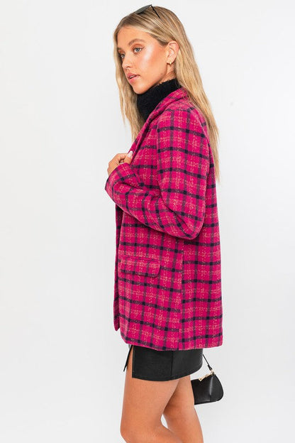 Single Button Blazer Coat FUCHSIA PLAID by LE LIS | Fleurcouture