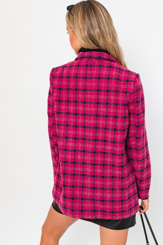 Single Button Blazer Coat FUCHSIA PLAID by LE LIS | Fleurcouture