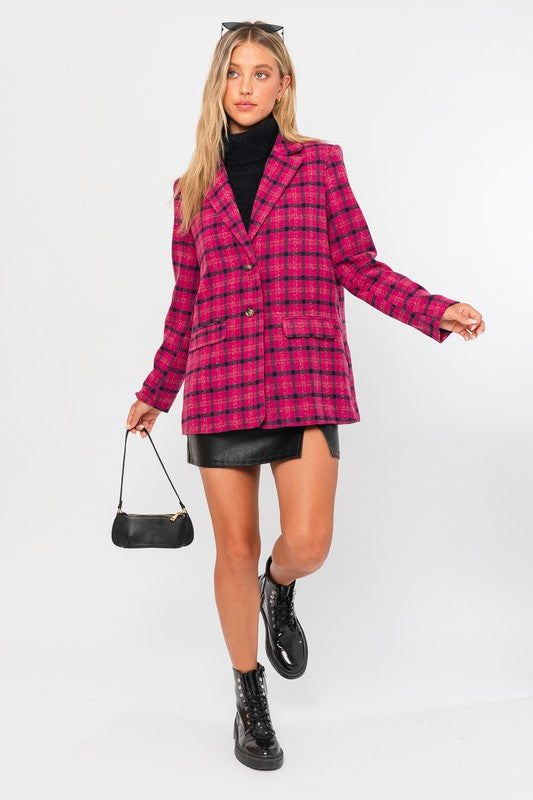 Single Button Blazer Coat FUCHSIA PLAID by LE LIS | Fleurcouture