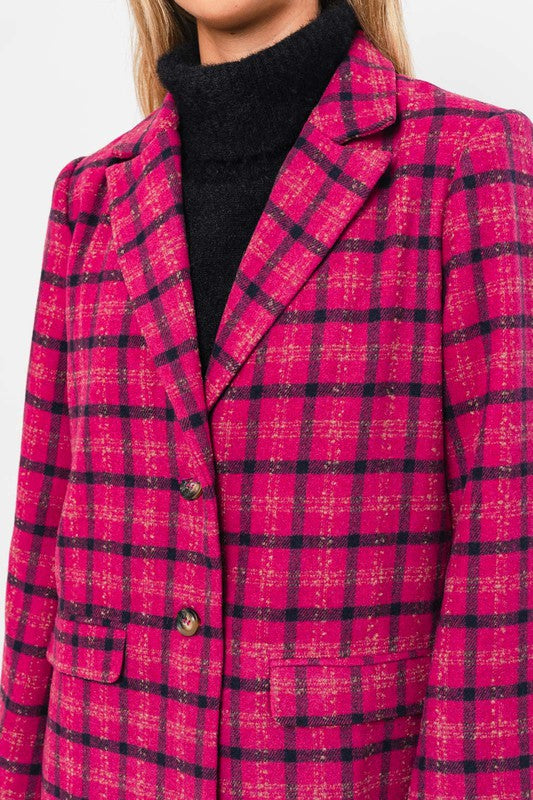 Single Button Blazer Coat FUCHSIA PLAID by LE LIS | Fleurcouture