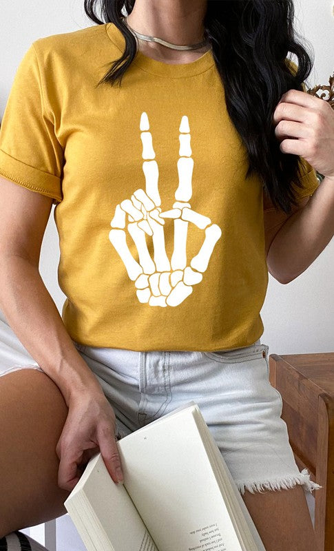 Skeleton Peace Sign Graphic Tee PLUS Heather Mustard XXL by Kissed Apparel | Fleurcouture