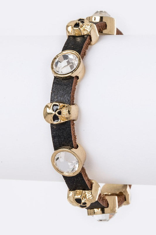 Skull &amp; Crystal Slider Leather Bracelet Black 1 by LA Jewelry Plaza | Fleurcouture