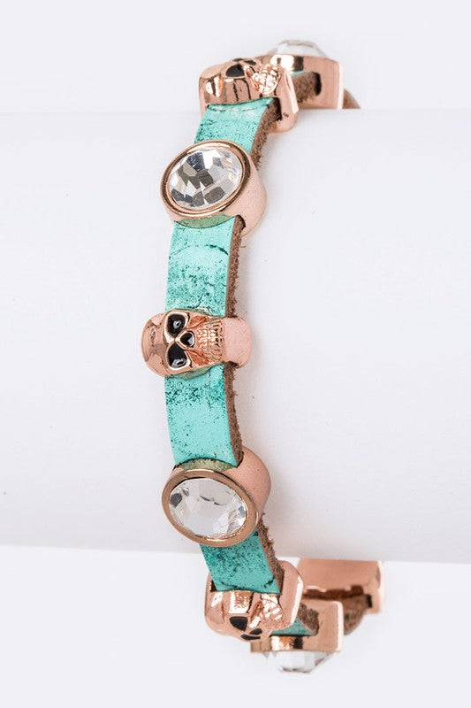 Skull &amp; Crystal Slider Leather Bracelet Teal 1 by LA Jewelry Plaza | Fleurcouture