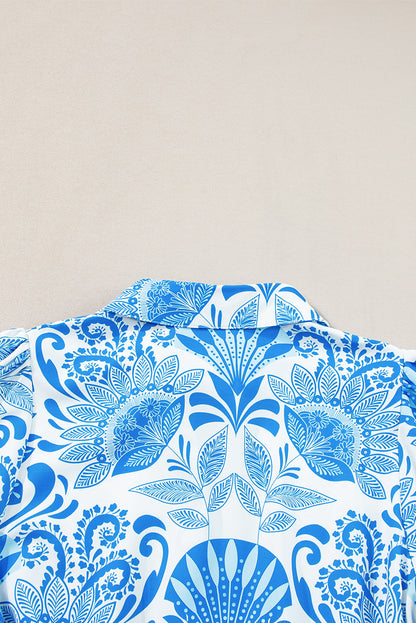 Sky Blue Retro Floral Print Drawstring Waist Ruffled Mini Dress Sky Blue 100%Polyester Dresses/Floral Dresses by Fleurcouture | Fleurcouture