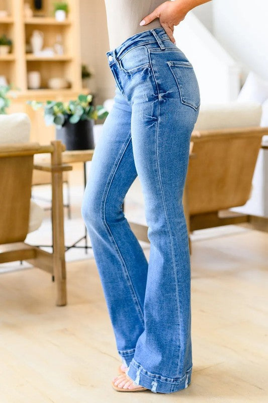 Sky Blue Slight Distressed Medium Wash Flare Jeans blue by YNIQUE | Fleurcouture