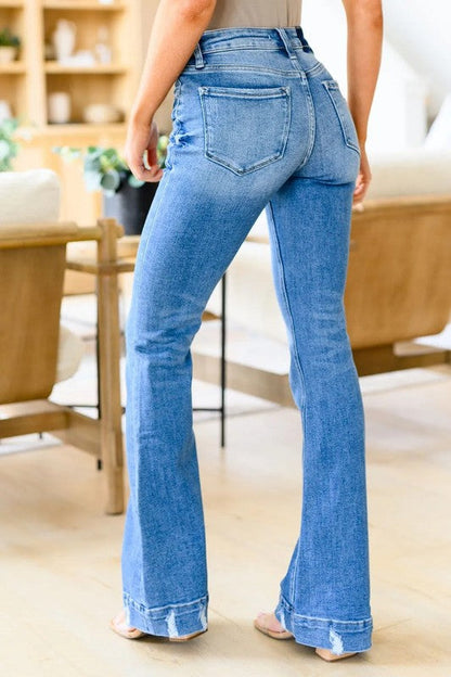 Sky Blue Slight Distressed Medium Wash Flare Jeans blue by YNIQUE | Fleurcouture