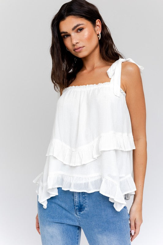 Sleeveless Asymmetrical Hem Line Tiered Top by Gilli | Fleurcouture