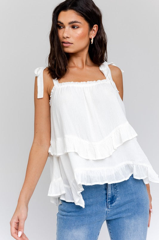 Sleeveless Asymmetrical Hem Line Tiered Top White S by Gilli | Fleurcouture