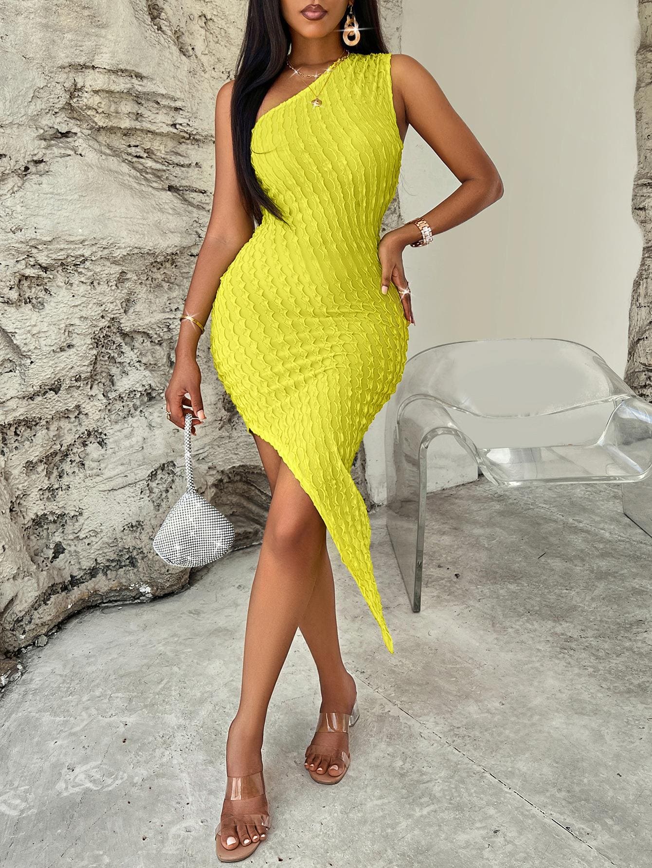 Sleeveless Asymmetrical One Shoulder Dress Canary Yellow S by Trendsi | Fleurcouture