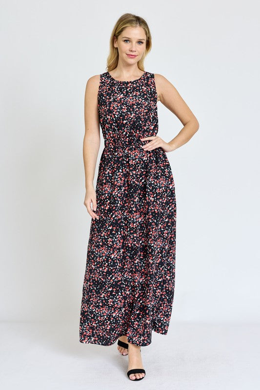 Sleeveless Blouson Band Maxi Dress black coral 1X by EG fashion | Fleurcouture