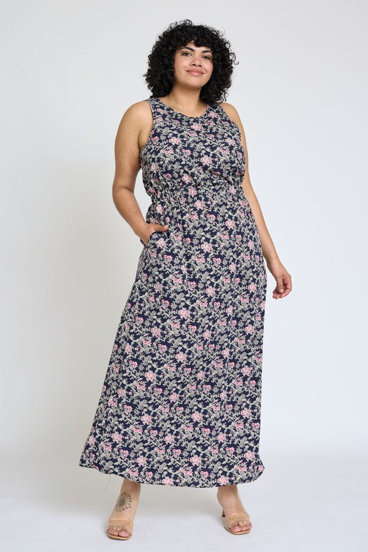 Sleeveless Blouson Band Maxi Dress navy pink 1X by EG fashion | Fleurcouture