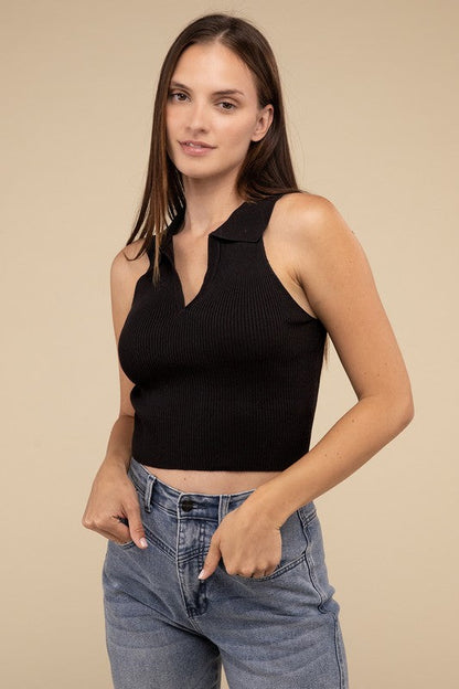 Sleeveless Collared Crop Knit Top BLACK S by HYFVE | Fleurcouture