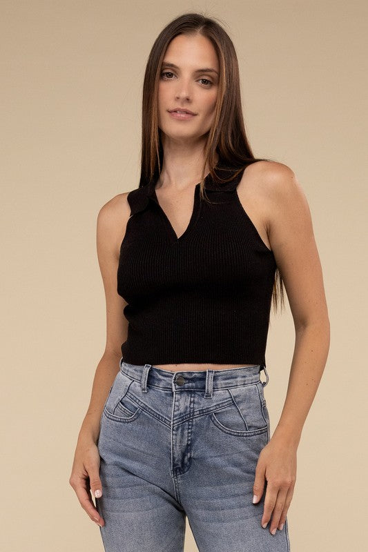 Sleeveless Collared Crop Knit Top by HYFVE | Fleurcouture