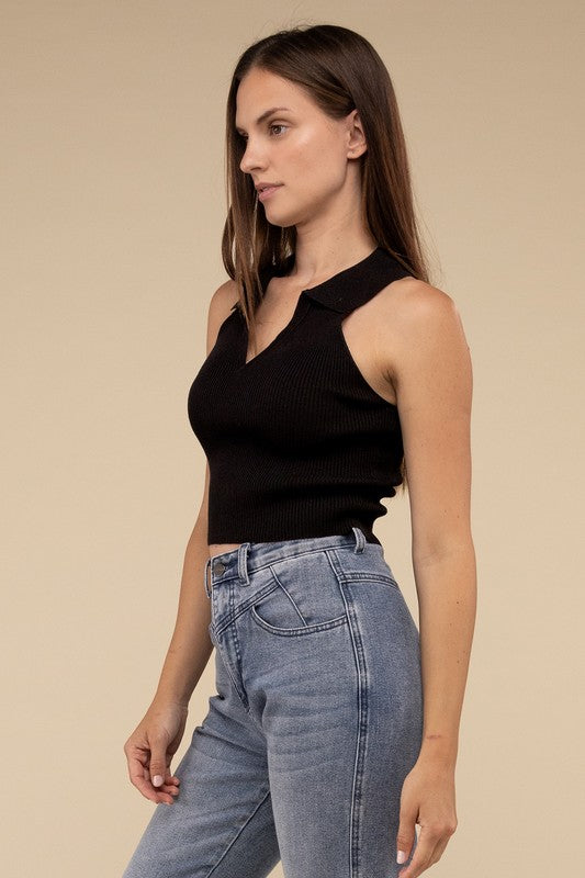 Sleeveless Collared Crop Knit Top by HYFVE | Fleurcouture