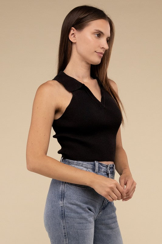 Sleeveless Collared Crop Knit Top by HYFVE | Fleurcouture