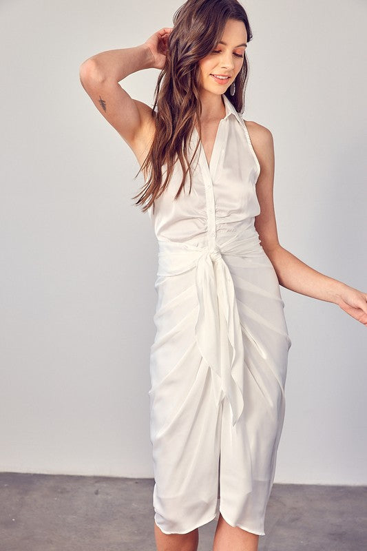 Sleeveless Collared Front Tie Dress OFF WHITE by Do + Be Collection | Fleurcouture