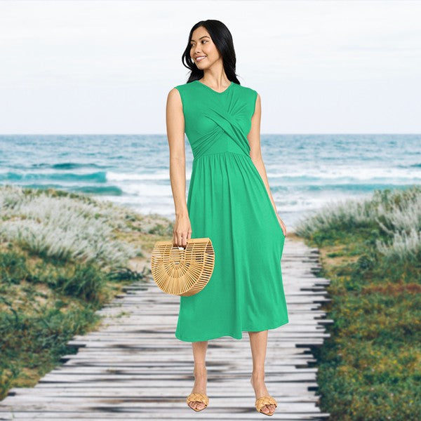 Sleeveless Cross-Over Bodice Midi Dress Kelly Green S by EG fashion | Fleurcouture