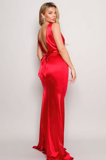 Sleeveless Deep V Low Back Bow Maxi Dress by Fleurcouture | Fleurcouture
