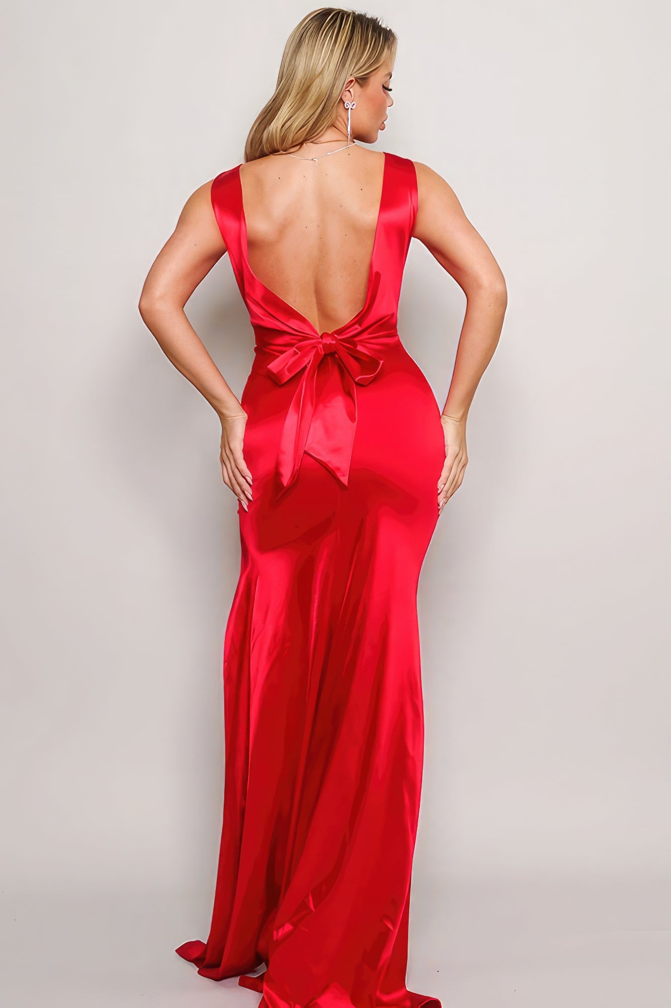 Sleeveless Deep V Low Back Bow Maxi Dress by Fleurcouture | Fleurcouture