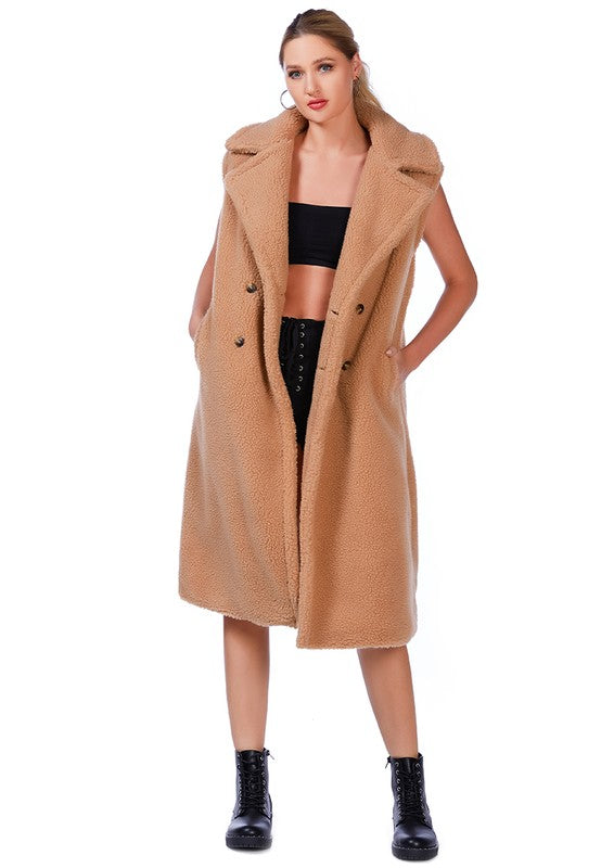 Sleeveless Double Breasted Teddy Coat Cream by Rag Company | Fleurcouture