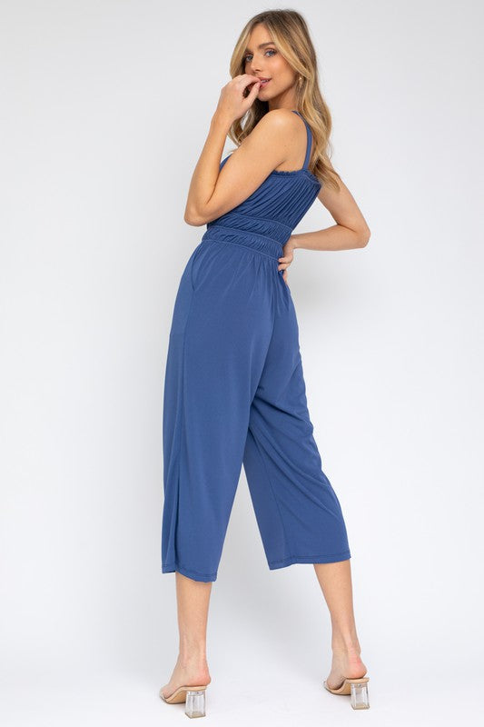 Sleeveless Drawstring Cropped Jumpsuit Navy by Gilli | Fleurcouture