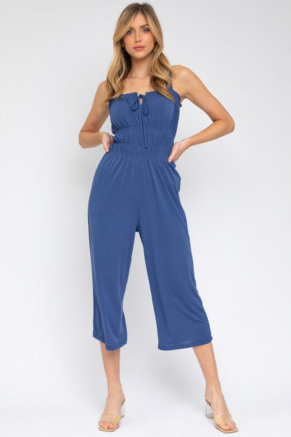 Sleeveless Drawstring Cropped Jumpsuit Navy by Gilli | Fleurcouture