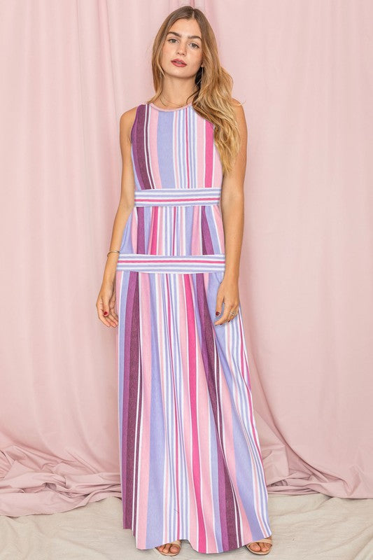 Sleeveless Mix Stripe Maxi Dress pink purple 1X by EG fashion | Fleurcouture
