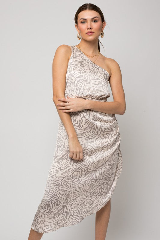 Sleeveless One shoulder Abstract Print Dress CREAM-GREY ABSTRACT by Gilli | Fleurcouture