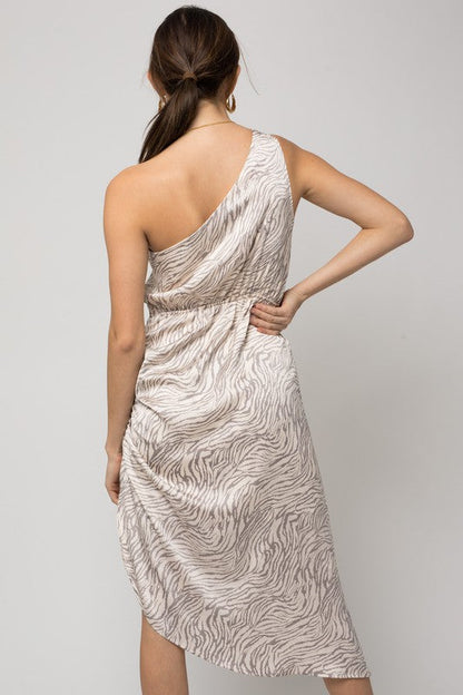 Sleeveless One shoulder Abstract Print Dress CREAM-GREY ABSTRACT by Gilli | Fleurcouture