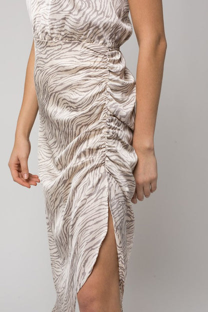 Sleeveless One shoulder Abstract Print Dress CREAM-GREY ABSTRACT by Gilli | Fleurcouture