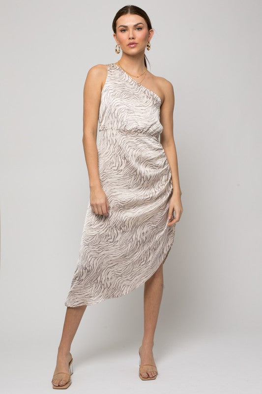 Sleeveless One shoulder Abstract Print Dress CREAM-GREY ABSTRACT S by Gilli | Fleurcouture