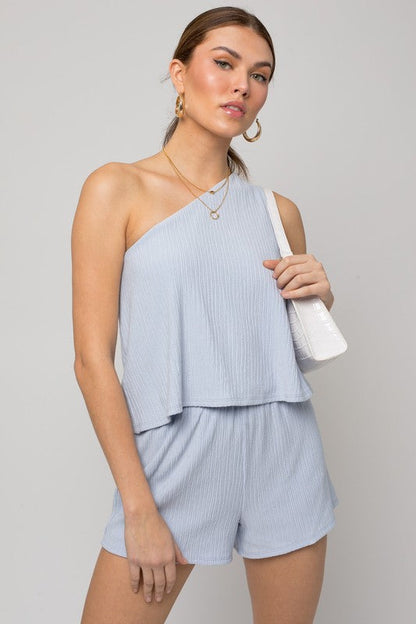 Sleeveless One Shoulder Layered Top Romper LT BLUE by Gilli | Fleurcouture