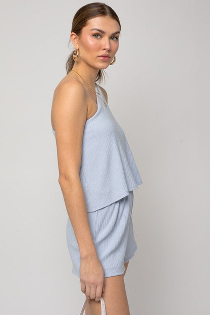 Sleeveless One Shoulder Layered Top Romper LT BLUE by Gilli | Fleurcouture