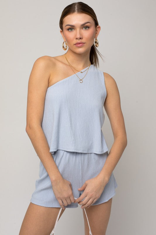 Sleeveless One Shoulder Layered Top Romper LT BLUE S by Gilli | Fleurcouture