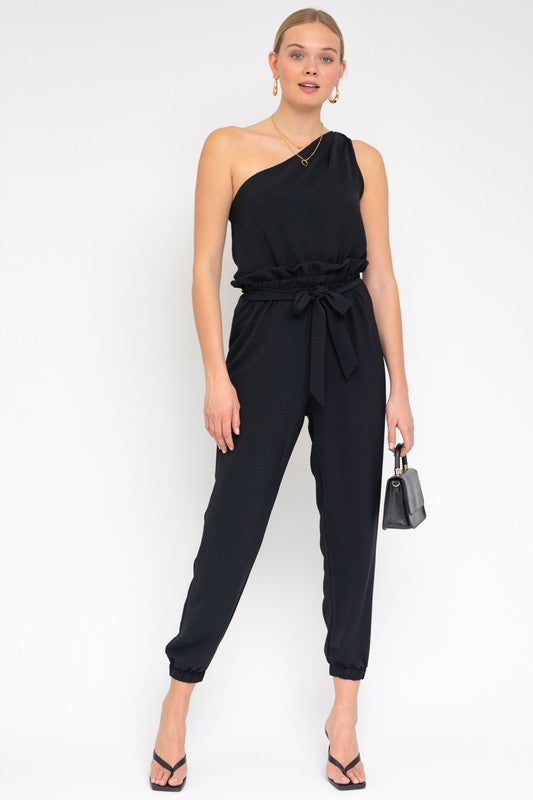 Sleeveless One Shoulder Waist Tie Jumpsuit Black S by Gilli | Fleurcouture