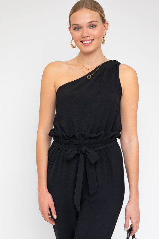 Sleeveless One Shoulder Waist Tie Jumpsuit Black S by Gilli | Fleurcouture