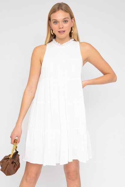 Sleeveless Ruffle Neck Tiered Dress White by Gilli | Fleurcouture