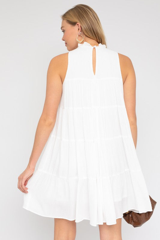 Sleeveless Ruffle Neck Tiered Dress White by Gilli | Fleurcouture