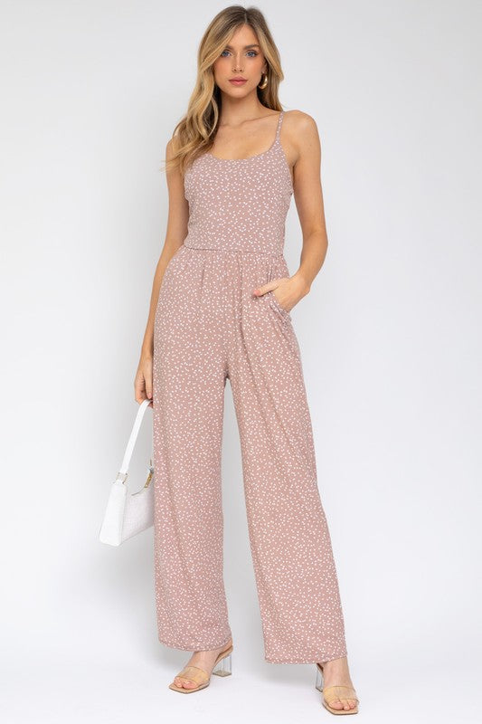 Sleeveless Scoop Neck Wide Leg Jumpsuit TAUPE-IVORY DOT by Gilli | Fleurcouture