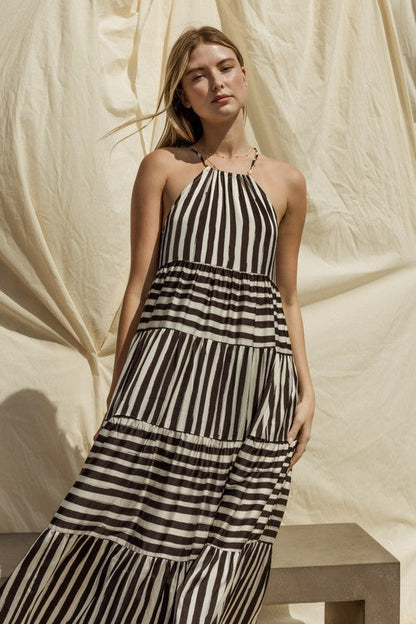 Sleeveless Stripe Maxi Tiered Dress WHITE-BLACK STRIPE by Gilli | Fleurcouture