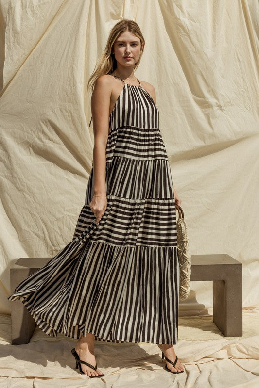 Sleeveless Stripe Maxi Tiered Dress WHITE-BLACK STRIPE by Gilli | Fleurcouture