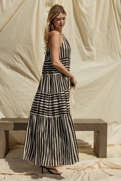 Sleeveless Stripe Maxi Tiered Dress WHITE-BLACK STRIPE by Gilli | Fleurcouture